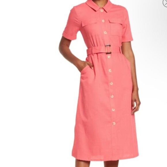 Melloday Linen Blend Collared button down belted midi dress Color Salmon - Picture 1 of 15